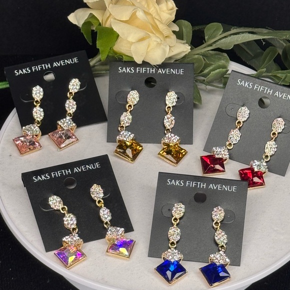 Saks Fifth Ave Pave Teardrop Crystal Post With Drop Blue Crystal Earrings - Picture 8 of 9